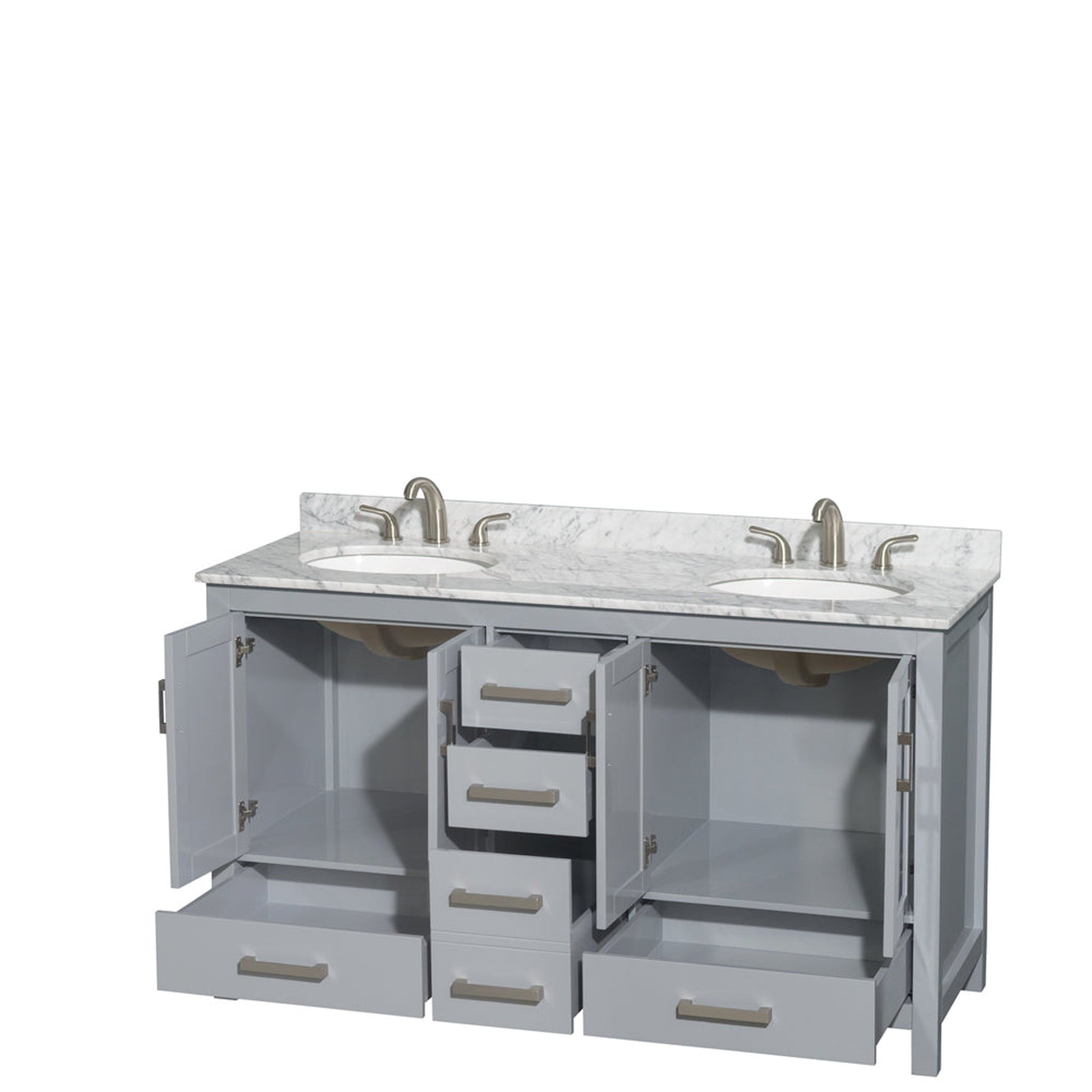 Wyndham Collection Sheffield 60" Double Bathroom Vanity in Gray, White Carrara Marble Countertop, Undermount Oval Sinks, and No Mirror