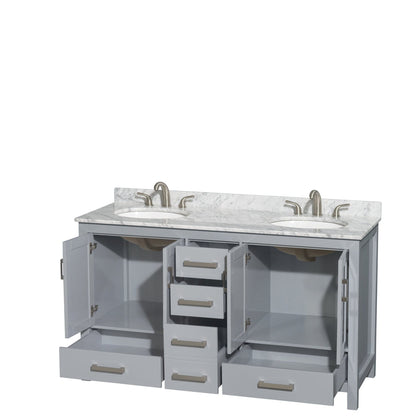 Wyndham Collection Sheffield 60" Double Bathroom Vanity in Gray, White Carrara Marble Countertop, Undermount Oval Sinks, and No Mirror