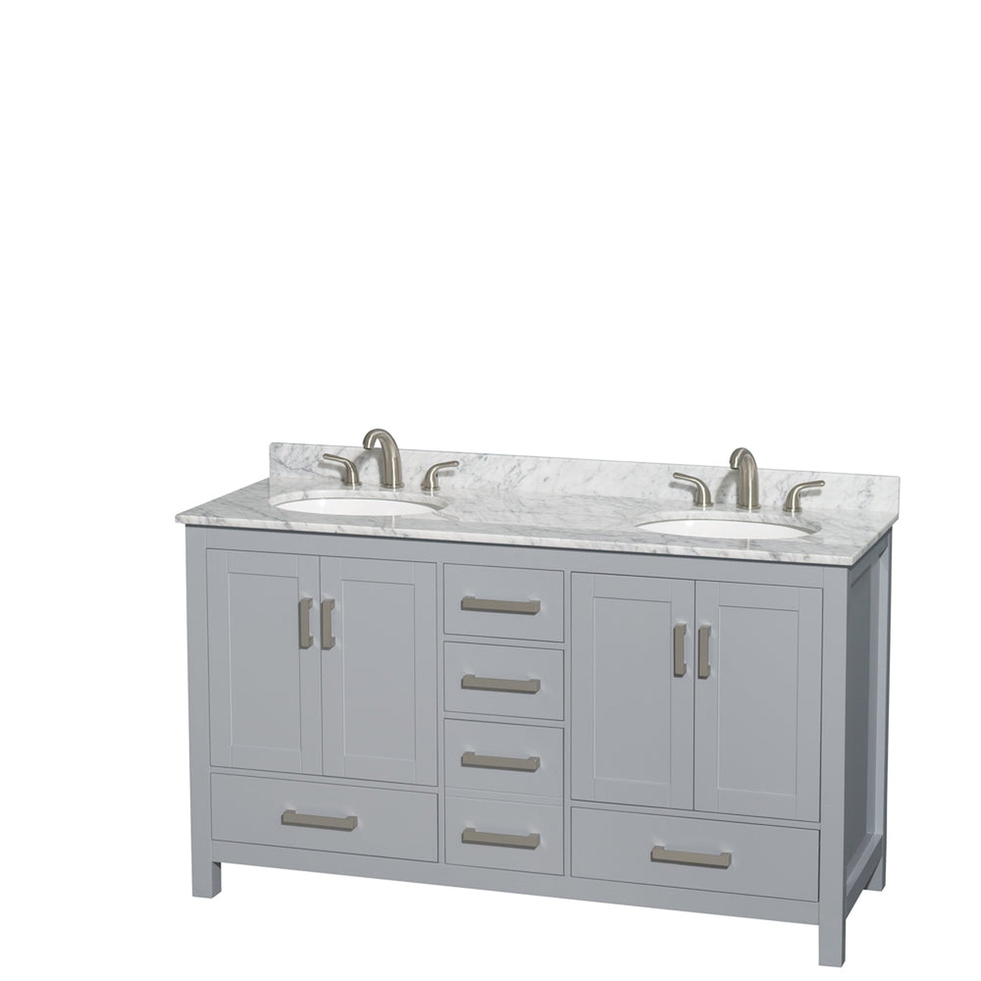 Wyndham Collection Sheffield 60" Double Bathroom Vanity in Gray, White Carrara Marble Countertop, Undermount Oval Sinks, and No Mirror