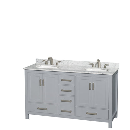 Wyndham Collection Sheffield 60" Double Bathroom Vanity in Gray, White Carrara Marble Countertop, Undermount Oval Sinks, and No Mirror
