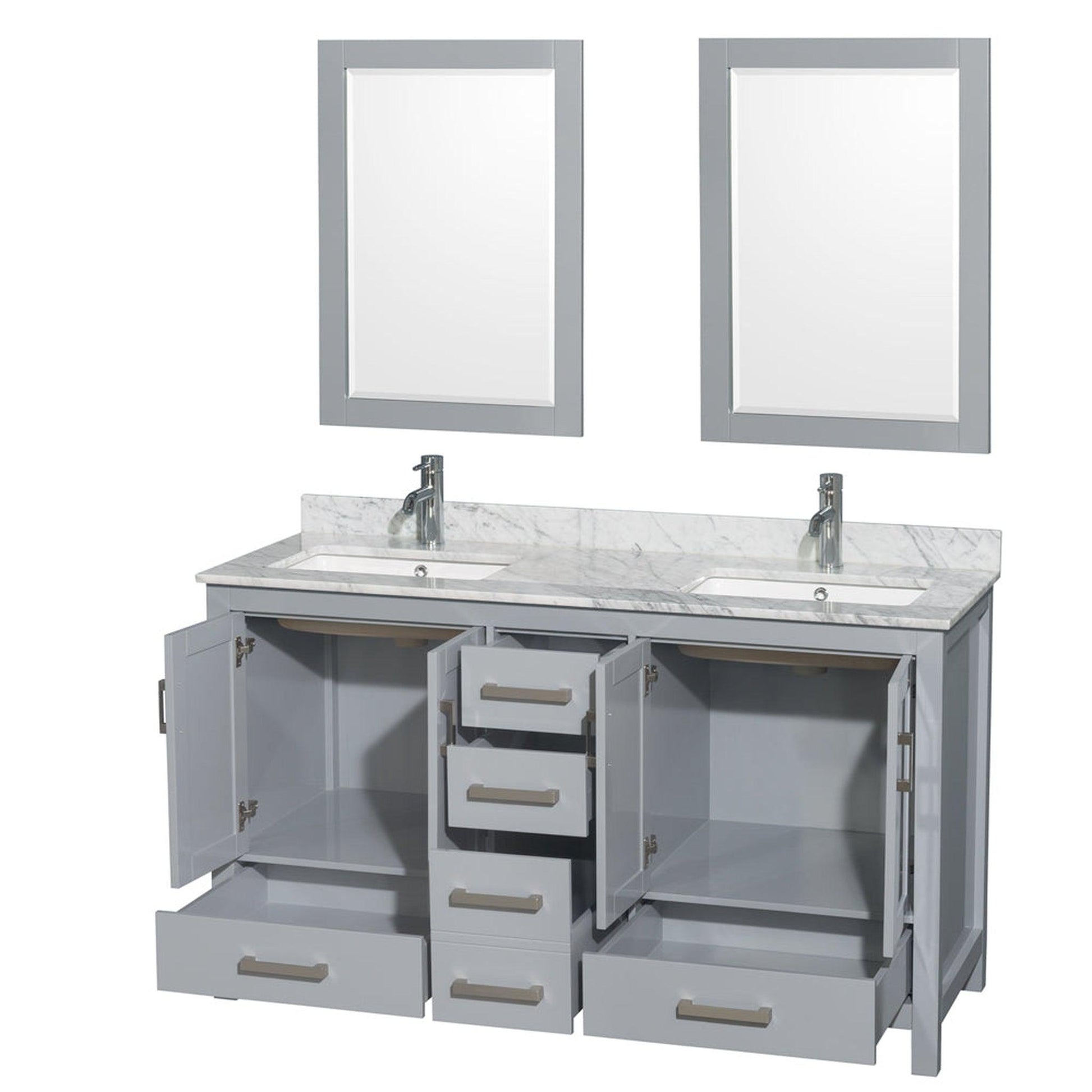 Wyndham Collection Sheffield 60" Double Bathroom Vanity in Gray, White Carrara Marble Countertop, Undermount Square Sinks, and 24" Mirror