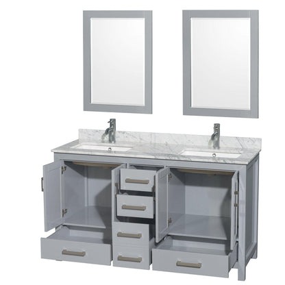 Wyndham Collection Sheffield 60" Double Bathroom Vanity in Gray, White Carrara Marble Countertop, Undermount Square Sinks, and 24" Mirror