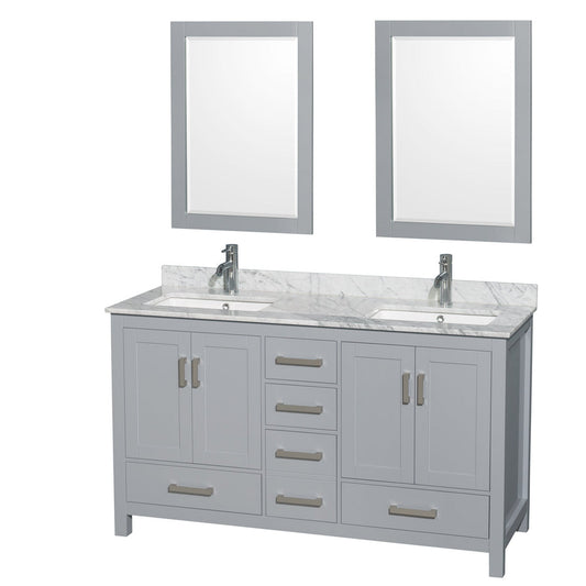 Wyndham Collection Sheffield 60" Double Bathroom Vanity in Gray, White Carrara Marble Countertop, Undermount Square Sinks, and 24" Mirror