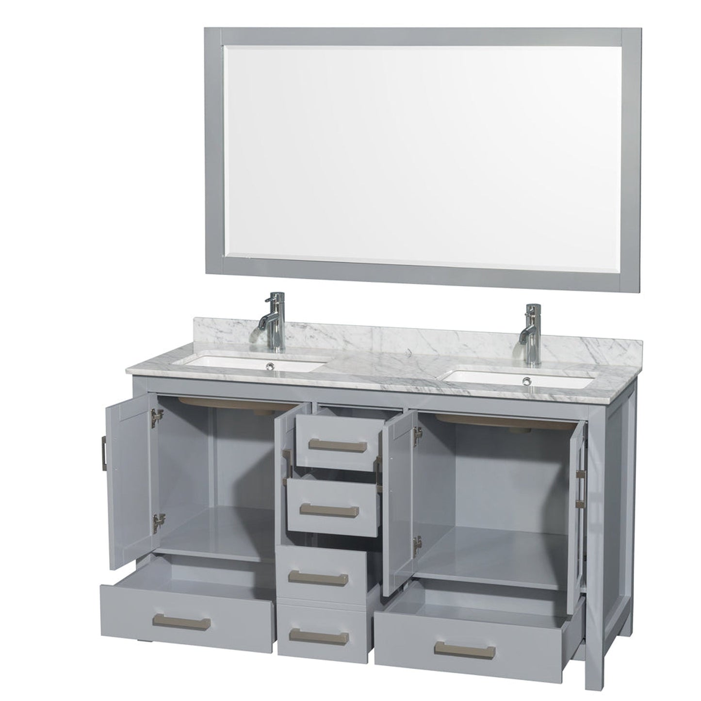 Wyndham Collection Sheffield 60" Double Bathroom Vanity in Gray, White Carrara Marble Countertop, Undermount Square Sinks, and 58" Mirror