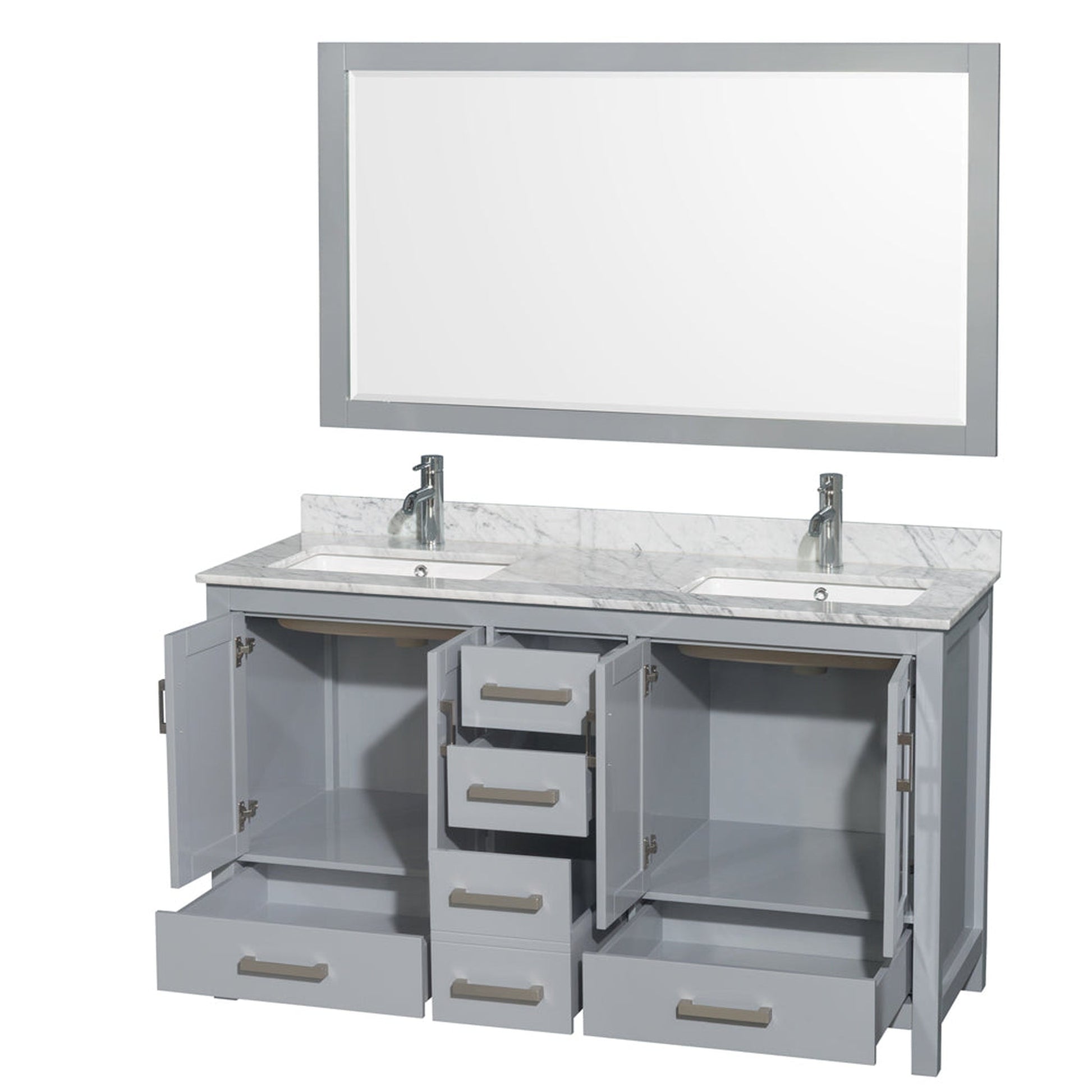 Wyndham Collection Sheffield 60" Double Bathroom Vanity in Gray, White Carrara Marble Countertop, Undermount Square Sinks, and 58" Mirror