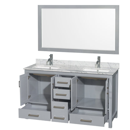 Wyndham Collection Sheffield 60" Double Bathroom Vanity in Gray, White Carrara Marble Countertop, Undermount Square Sinks, and 58" Mirror
