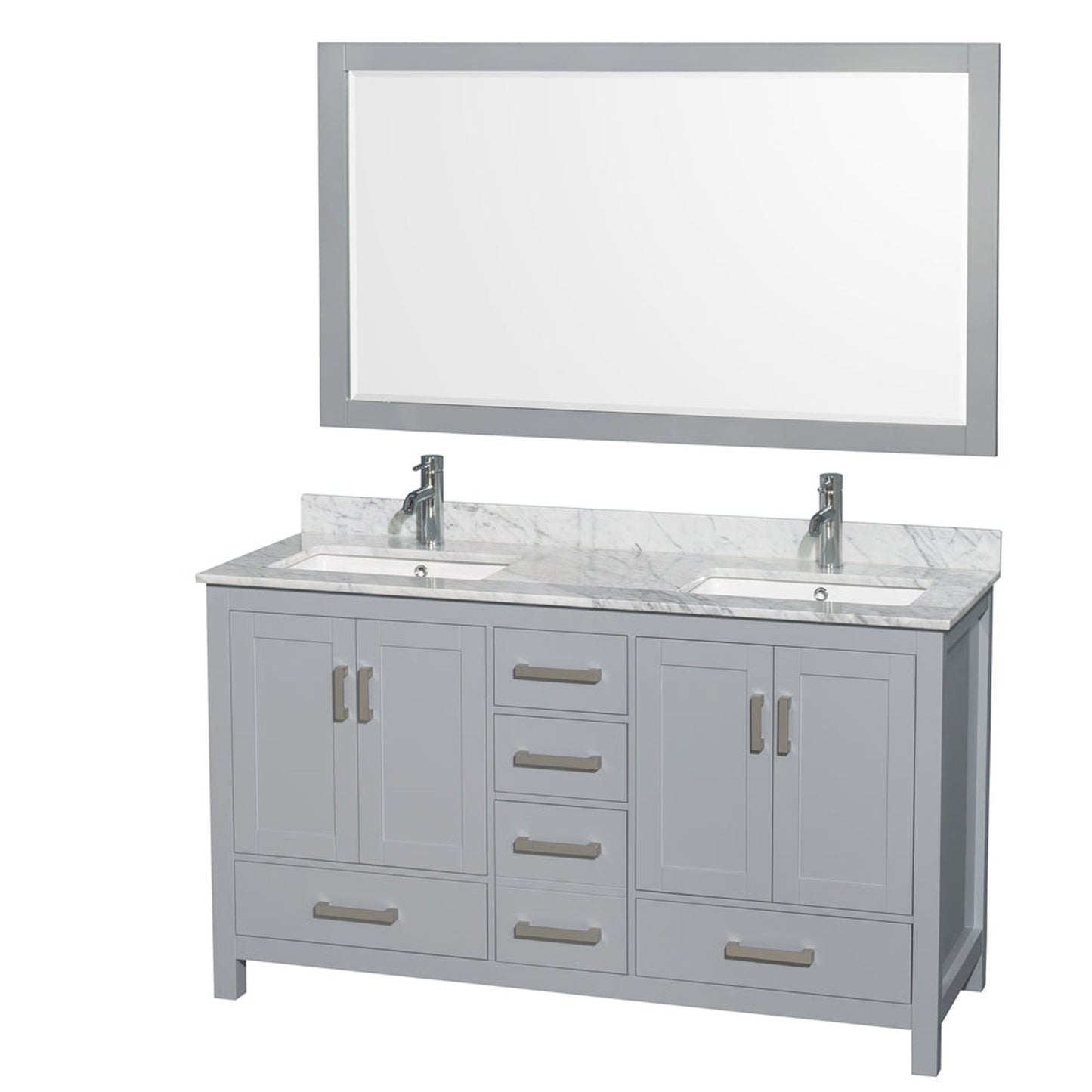 Wyndham Collection Sheffield 60" Double Bathroom Vanity in Gray, White Carrara Marble Countertop, Undermount Square Sinks, and 58" Mirror