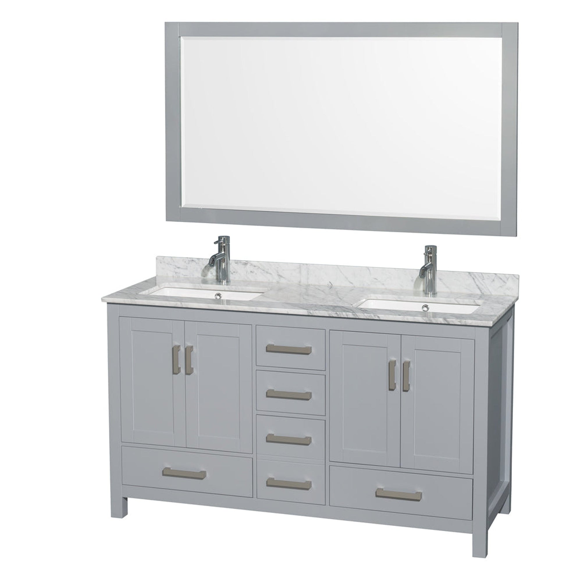 Wyndham Collection Sheffield 60" Double Bathroom Vanity in Gray, White Carrara Marble Countertop, Undermount Square Sinks, and 58" Mirror