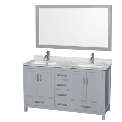 Wyndham Collection Sheffield 60" Double Bathroom Vanity in Gray, White Carrara Marble Countertop, Undermount Square Sinks, and 58" Mirror