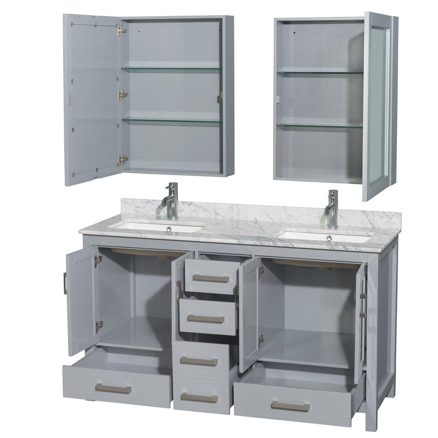 Wyndham Collection Sheffield 60" Double Bathroom Vanity in Gray, White Carrara Marble Countertop, Undermount Square Sinks, and Medicine Cabinet