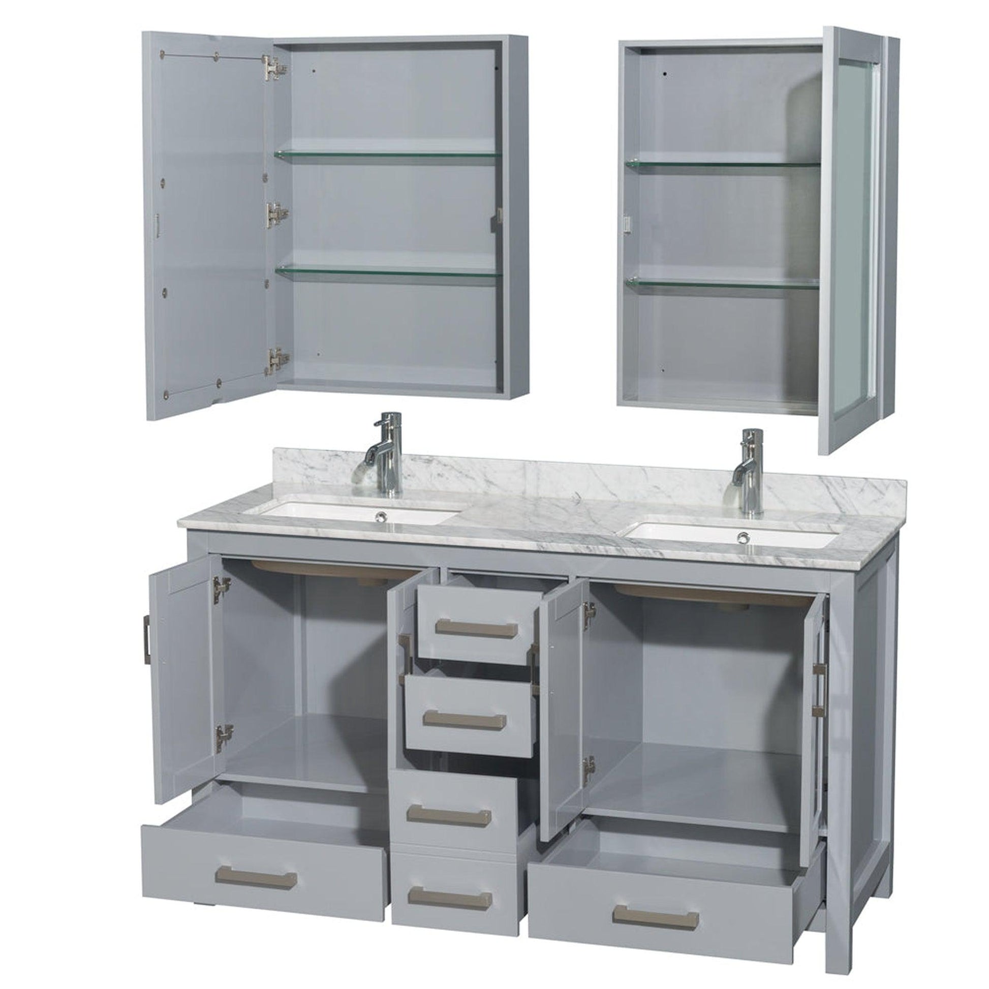 Wyndham Collection Sheffield 60" Double Bathroom Vanity in Gray, White Carrara Marble Countertop, Undermount Square Sinks, and Medicine Cabinet