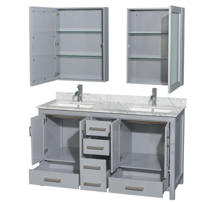 Wyndham Collection Sheffield 60" Double Bathroom Vanity in Gray, White Carrara Marble Countertop, Undermount Square Sinks, and Medicine Cabinet