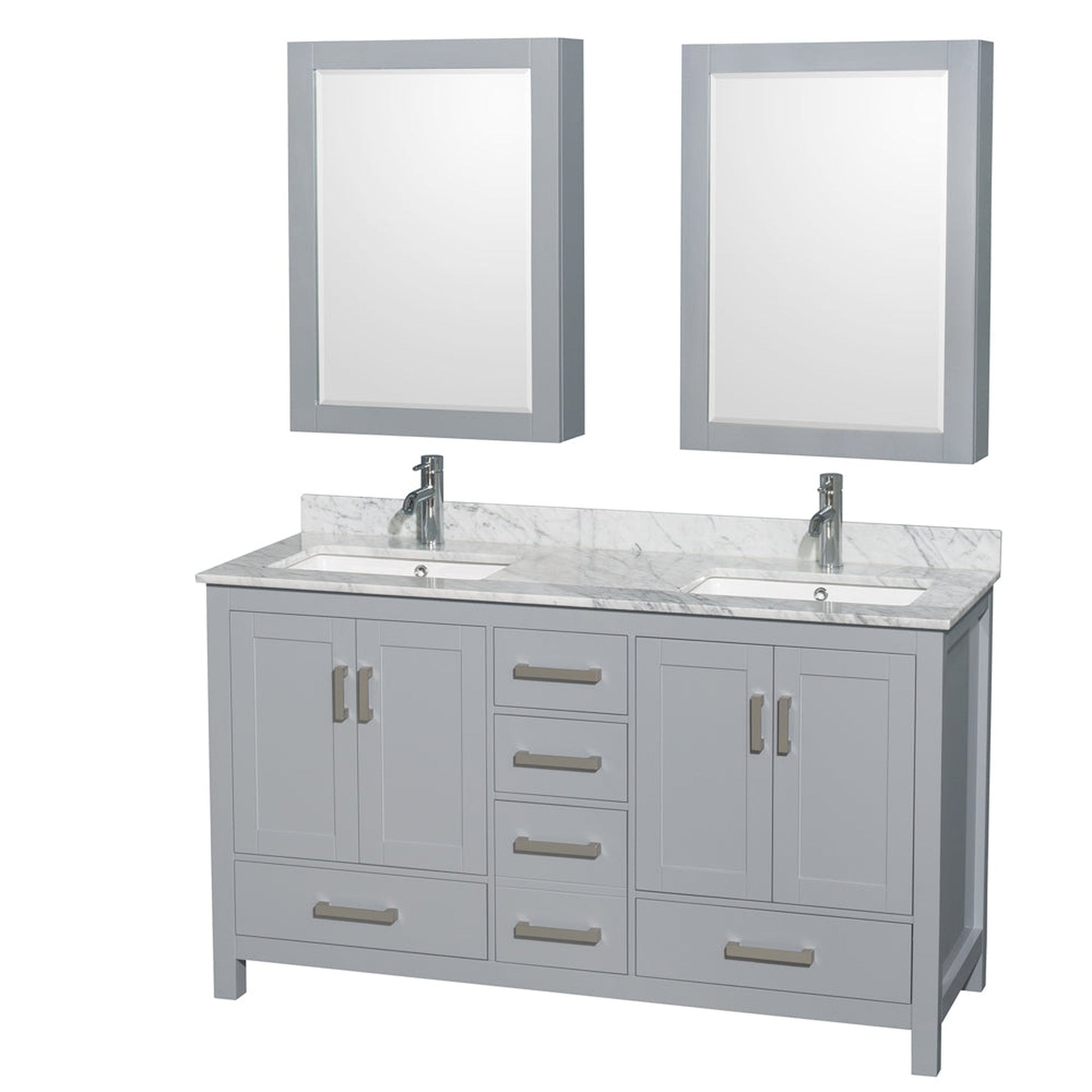 Wyndham Collection Sheffield 60" Double Bathroom Vanity in Gray, White Carrara Marble Countertop, Undermount Square Sinks, and Medicine Cabinet