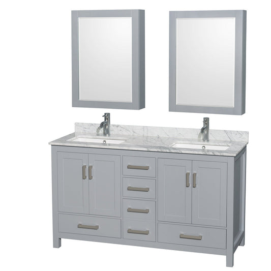 Wyndham Collection Sheffield 60" Double Bathroom Vanity in Gray, White Carrara Marble Countertop, Undermount Square Sinks, and Medicine Cabinet