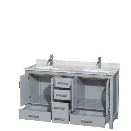 Wyndham Collection Sheffield 60" Double Bathroom Vanity in Gray, White Carrara Marble Countertop, Undermount Square Sinks, and No Mirror