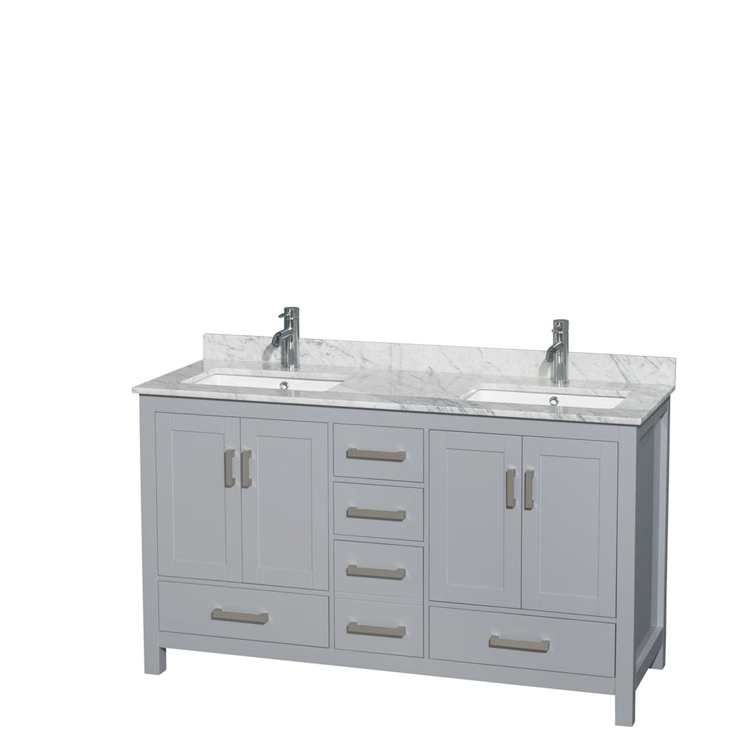 Wyndham Collection Sheffield 60" Double Bathroom Vanity in Gray, White Carrara Marble Countertop, Undermount Square Sinks, and No Mirror