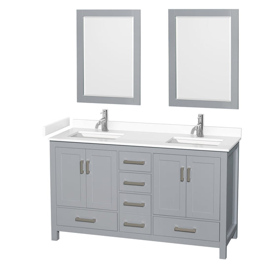 Wyndham Collection Sheffield 60" Double Bathroom Vanity in Gray, White Cultured Marble Countertop, Undermount Square Sinks, 24" Mirror