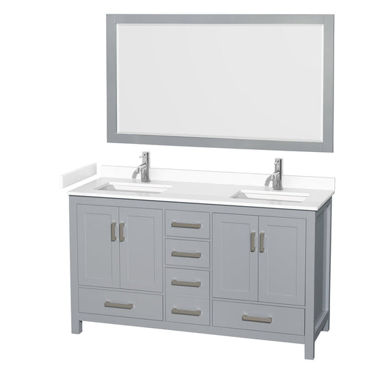 Wyndham Collection Sheffield 60" Double Bathroom Vanity in Gray, White Cultured Marble Countertop, Undermount Square Sinks, 58" Mirror