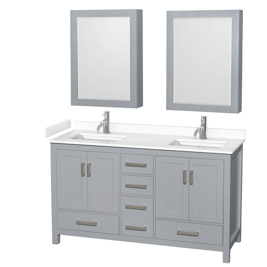 Wyndham Collection Sheffield 60" Double Bathroom Vanity in Gray, White Cultured Marble Countertop, Undermount Square Sinks, Medicine Cabinet