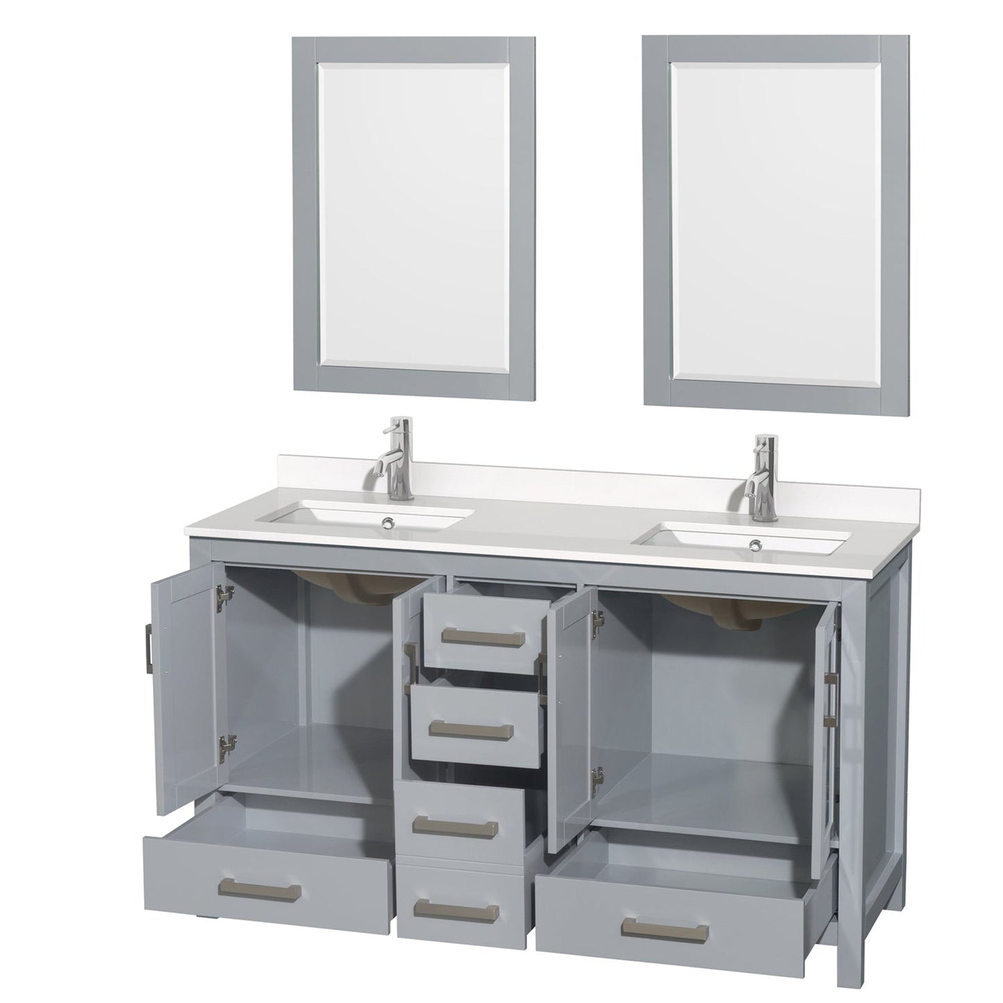 Wyndham Collection Sheffield 60" Double Bathroom Vanity in Gray, White Quartz Countertop, Undermount Square Sinks, 24" Mirror