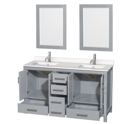 Wyndham Collection Sheffield 60" Double Bathroom Vanity in Gray, White Quartz Countertop, Undermount Square Sinks, 24" Mirror