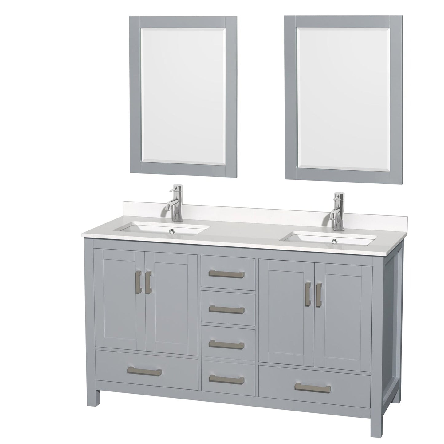 Wyndham Collection Sheffield 60" Double Bathroom Vanity in Gray, White Quartz Countertop, Undermount Square Sinks, 24" Mirror