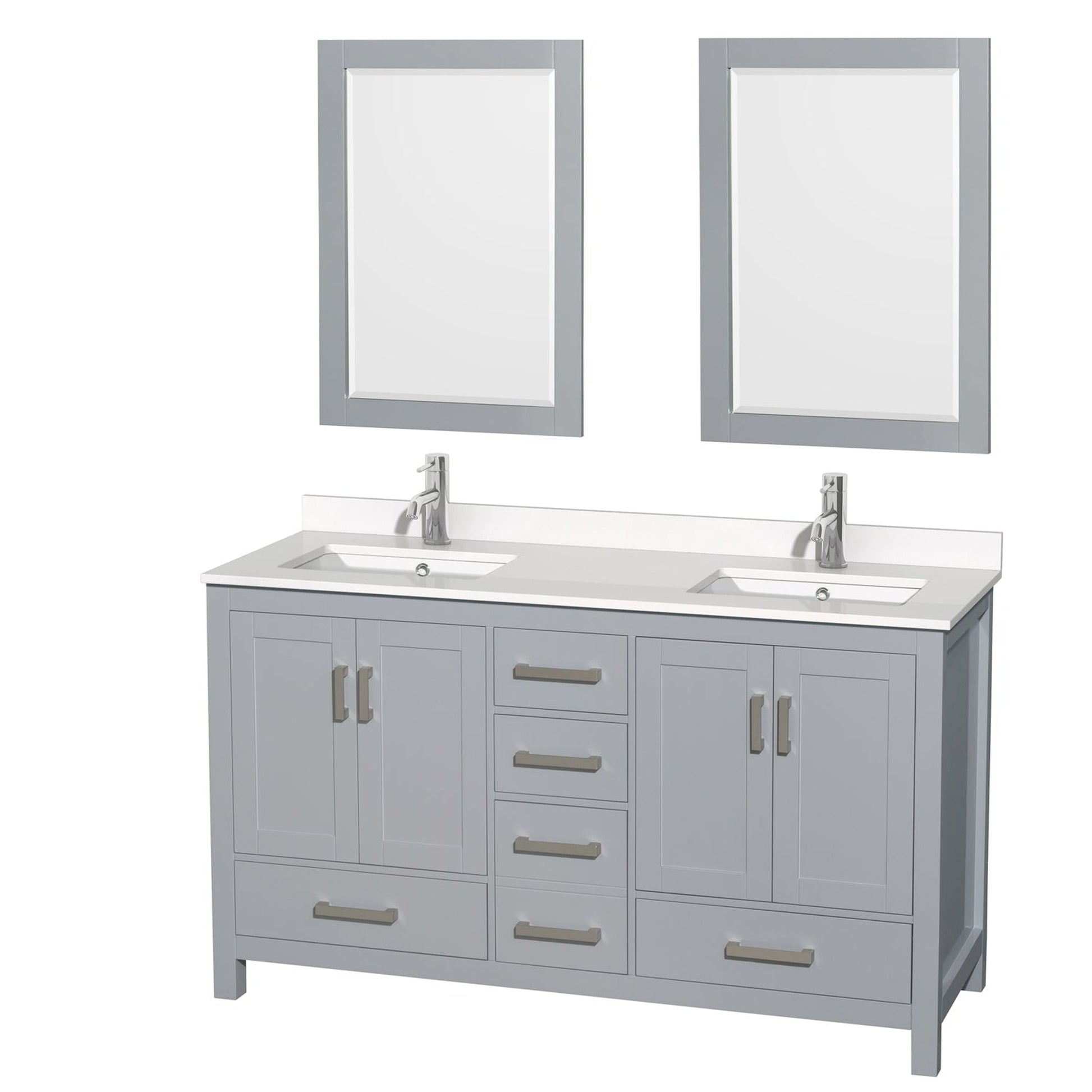 Wyndham Collection Sheffield 60" Double Bathroom Vanity in Gray, White Quartz Countertop, Undermount Square Sinks, 24" Mirror