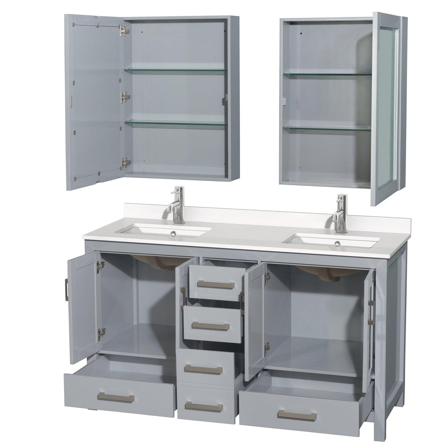 Wyndham Collection Sheffield 60" Double Bathroom Vanity in Gray, White Quartz Countertop, Undermount Square Sinks, Medicine Cabinet