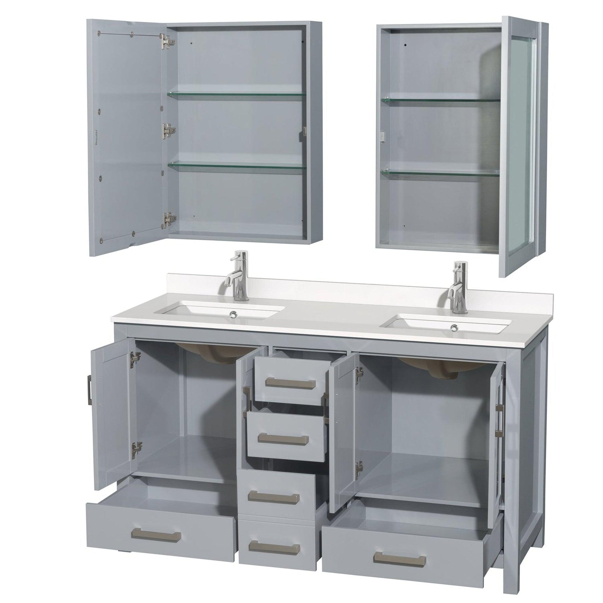 Wyndham Collection Sheffield 60" Double Bathroom Vanity in Gray, White Quartz Countertop, Undermount Square Sinks, Medicine Cabinet