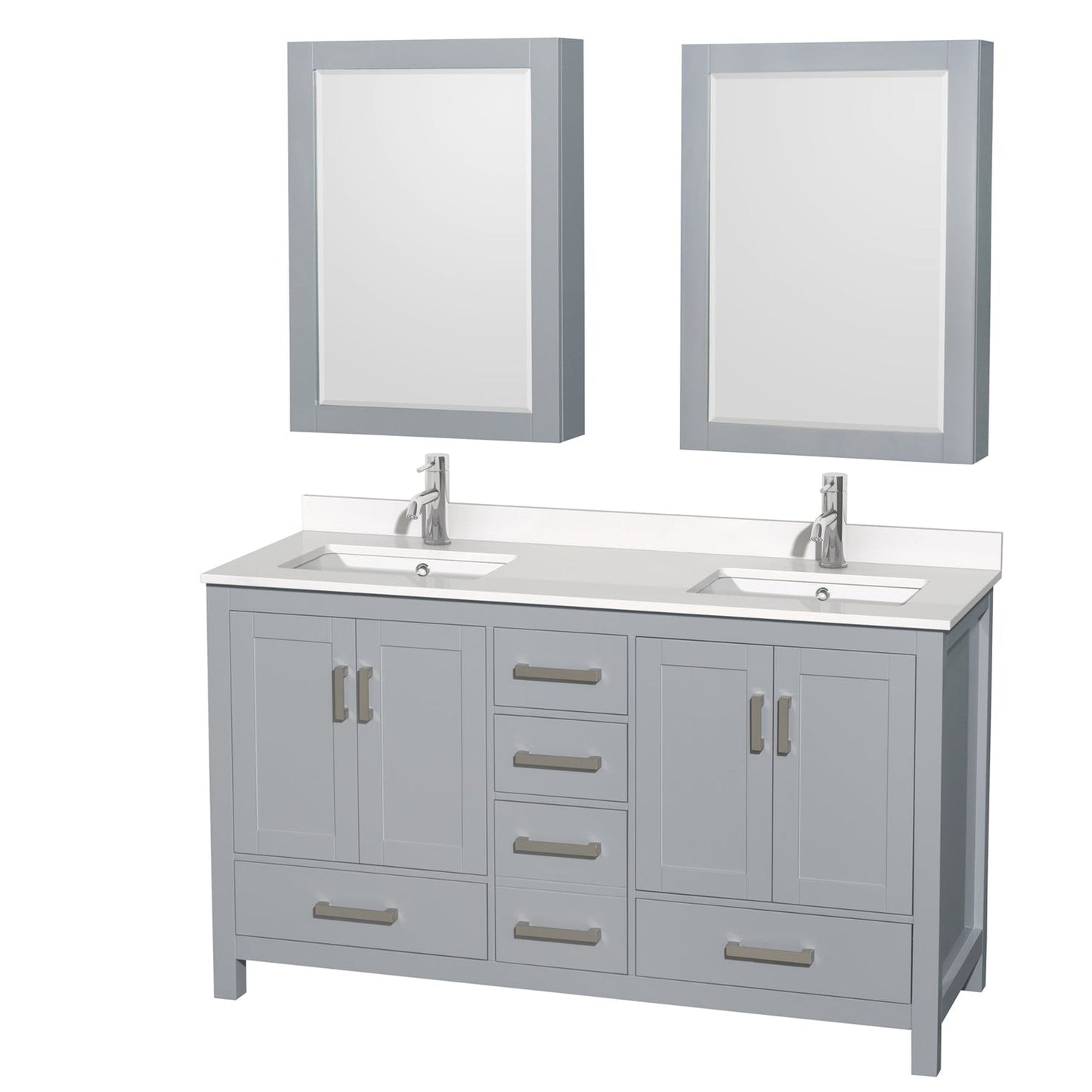Wyndham Collection Sheffield 60" Double Bathroom Vanity in Gray, White Quartz Countertop, Undermount Square Sinks, Medicine Cabinet