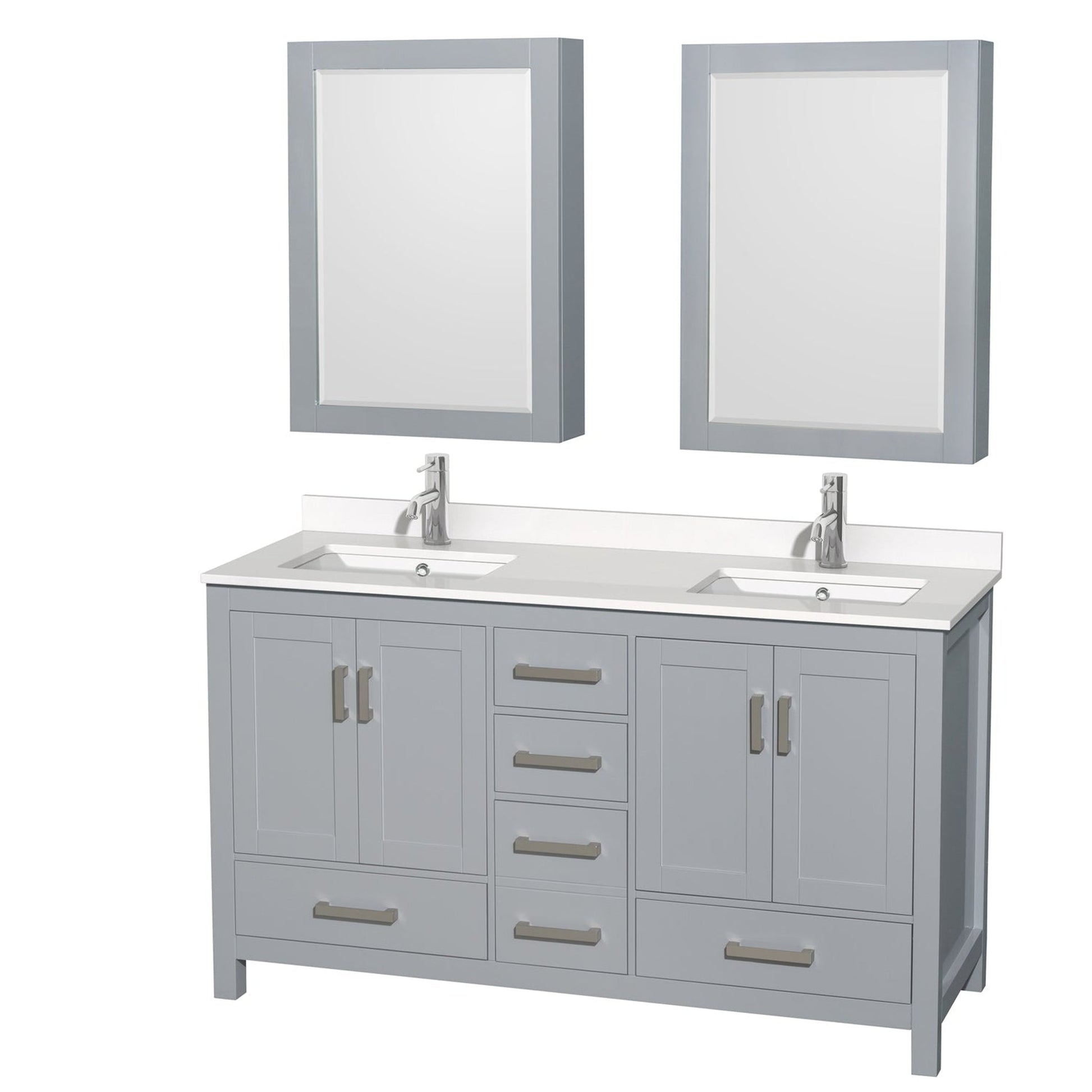 Wyndham Collection Sheffield 60" Double Bathroom Vanity in Gray, White Quartz Countertop, Undermount Square Sinks, Medicine Cabinet