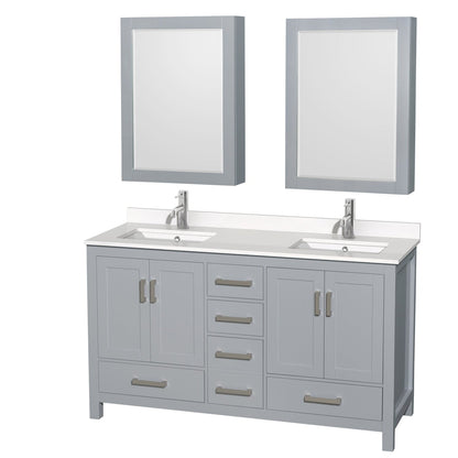 Wyndham Collection Sheffield 60" Double Bathroom Vanity in Gray, White Quartz Countertop, Undermount Square Sinks, Medicine Cabinet