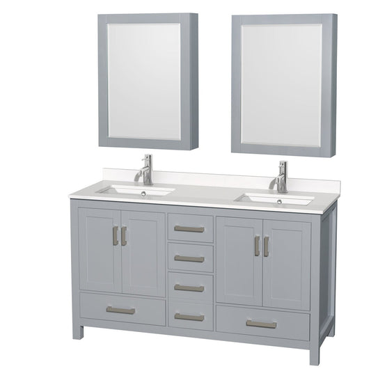 Wyndham Collection Sheffield 60" Double Bathroom Vanity in Gray, White Quartz Countertop, Undermount Square Sinks, Medicine Cabinet