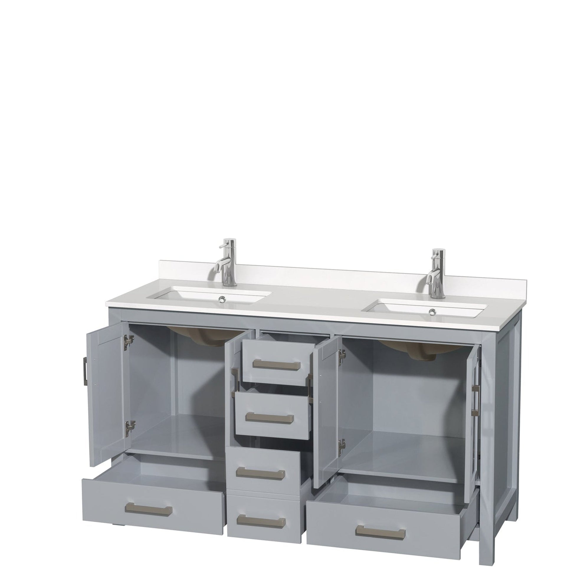Wyndham Collection Sheffield 60" Double Bathroom Vanity in Gray, White Quartz Countertop, Undermount Square Sinks, No Mirror