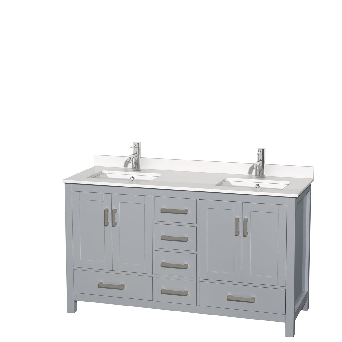 Wyndham Collection Sheffield 60" Double Bathroom Vanity in Gray, White Quartz Countertop, Undermount Square Sinks, No Mirror