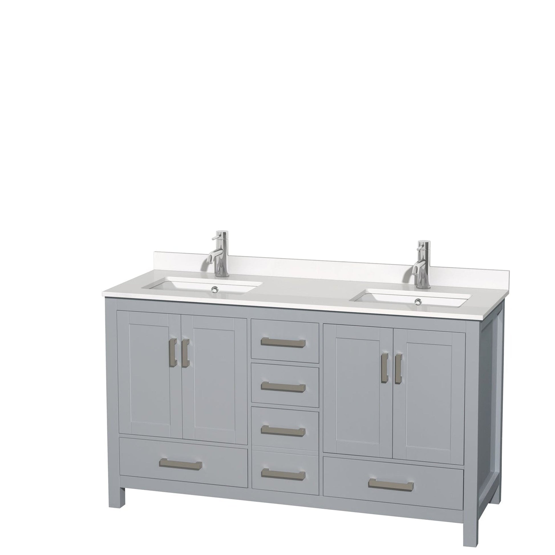 Wyndham Collection Sheffield 60" Double Bathroom Vanity in Gray, White Quartz Countertop, Undermount Square Sinks, No Mirror
