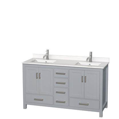 Wyndham Collection Sheffield 60" Double Bathroom Vanity in Gray, White Quartz Countertop, Undermount Square Sinks, No Mirror
