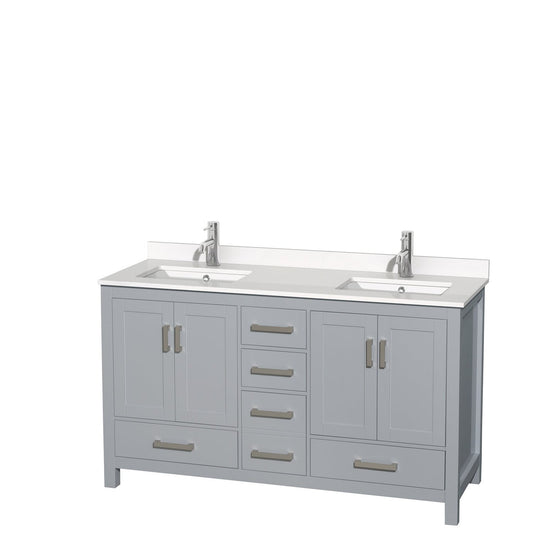 Wyndham Collection Sheffield 60" Double Bathroom Vanity in Gray, White Quartz Countertop, Undermount Square Sinks, No Mirror