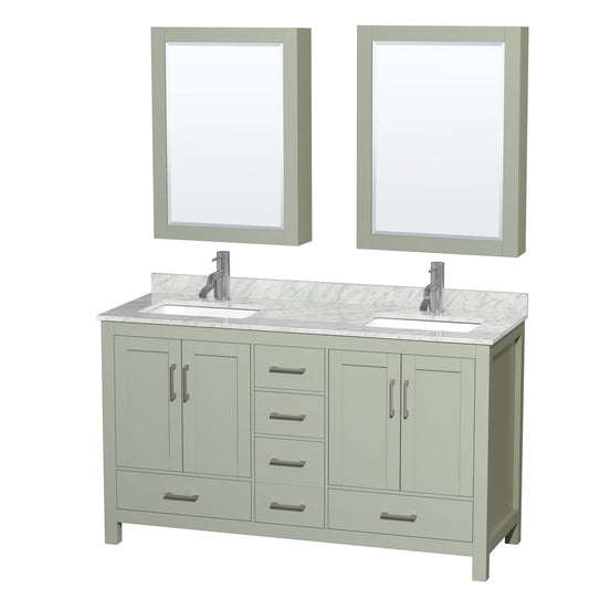 Wyndham Collection Sheffield 60" Double Bathroom Vanity in Light Green, White Carrara Marble Countertop, Undermount Square Sinks, Brushed Nickel Trim, Medicine Cabinets
