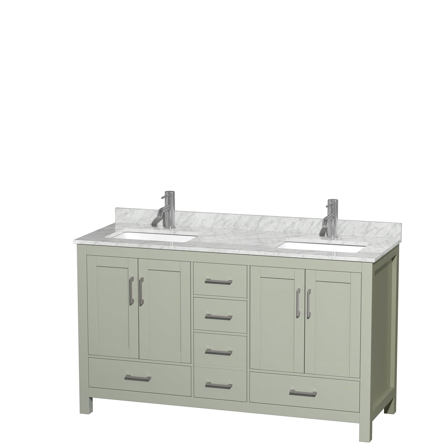 Wyndham Collection Sheffield 60" Double Bathroom Vanity in Light Green, White Carrara Marble Countertop, Undermount Square Sinks, Brushed Nickel Trim