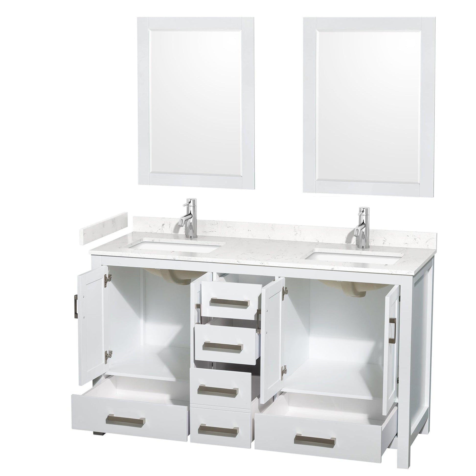 Wyndham Collection Sheffield 60" Double Bathroom Vanity in White, Carrara Cultured Marble Countertop, Undermount Square Sinks, 24" Mirror