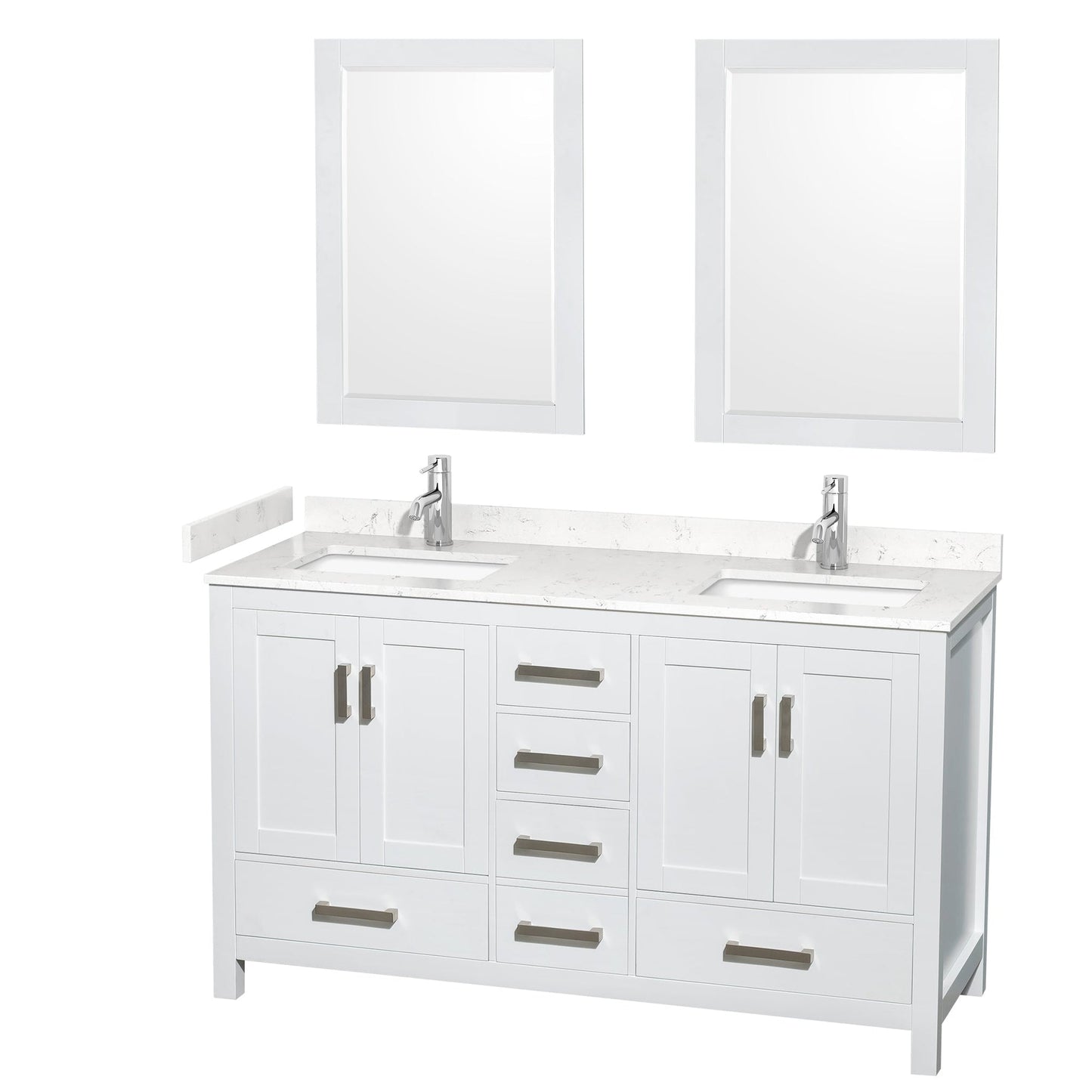 Wyndham Collection Sheffield 60" Double Bathroom Vanity in White, Carrara Cultured Marble Countertop, Undermount Square Sinks, 24" Mirror