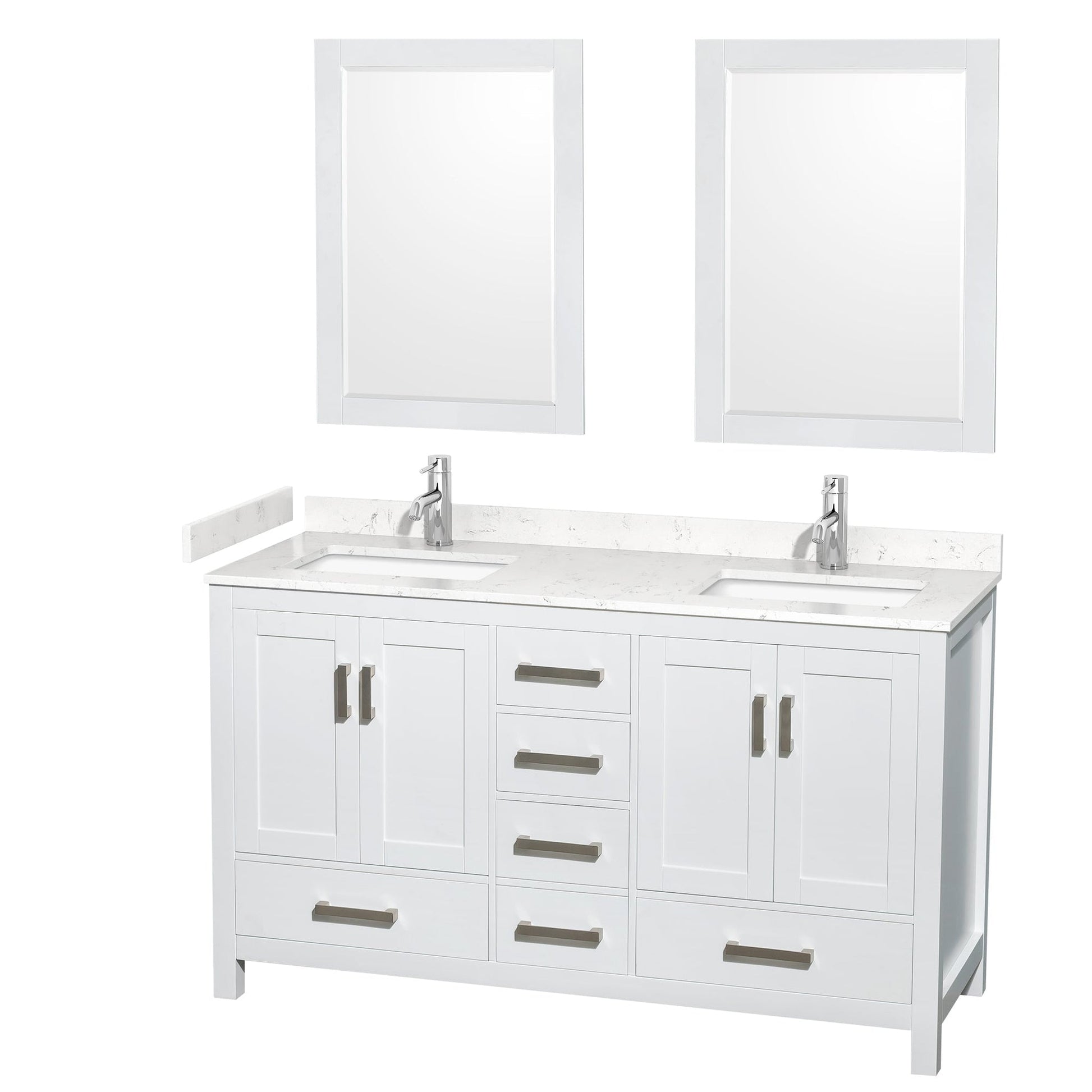 Wyndham Collection Sheffield 60" Double Bathroom Vanity in White, Carrara Cultured Marble Countertop, Undermount Square Sinks, 24" Mirror