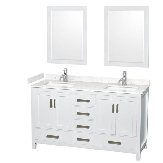 Wyndham Collection Sheffield 60" Double Bathroom Vanity in White, Carrara Cultured Marble Countertop, Undermount Square Sinks, 24" Mirror