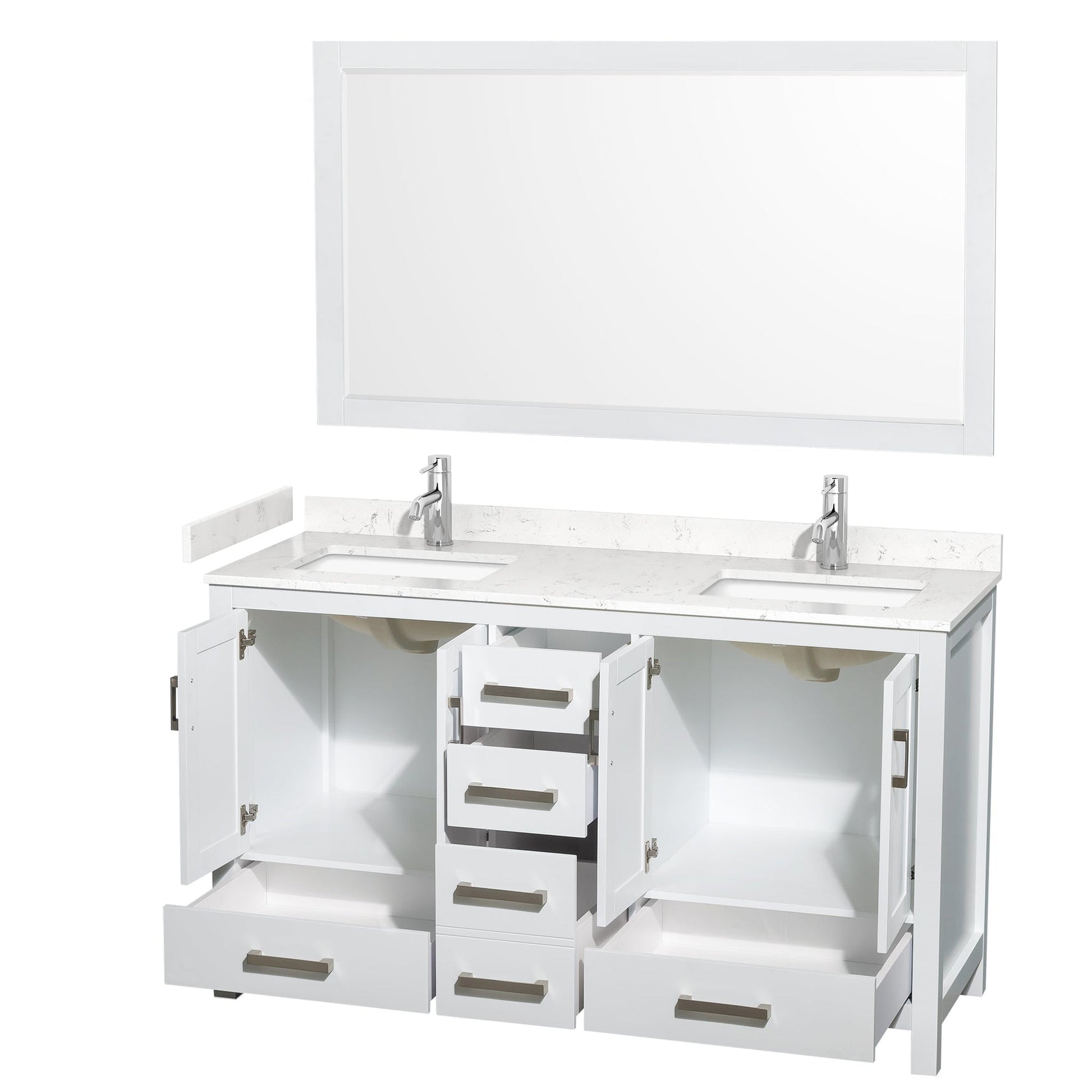 Wyndham Collection Sheffield 60" Double Bathroom Vanity in White, Carrara Cultured Marble Countertop, Undermount Square Sinks, 58" Mirror