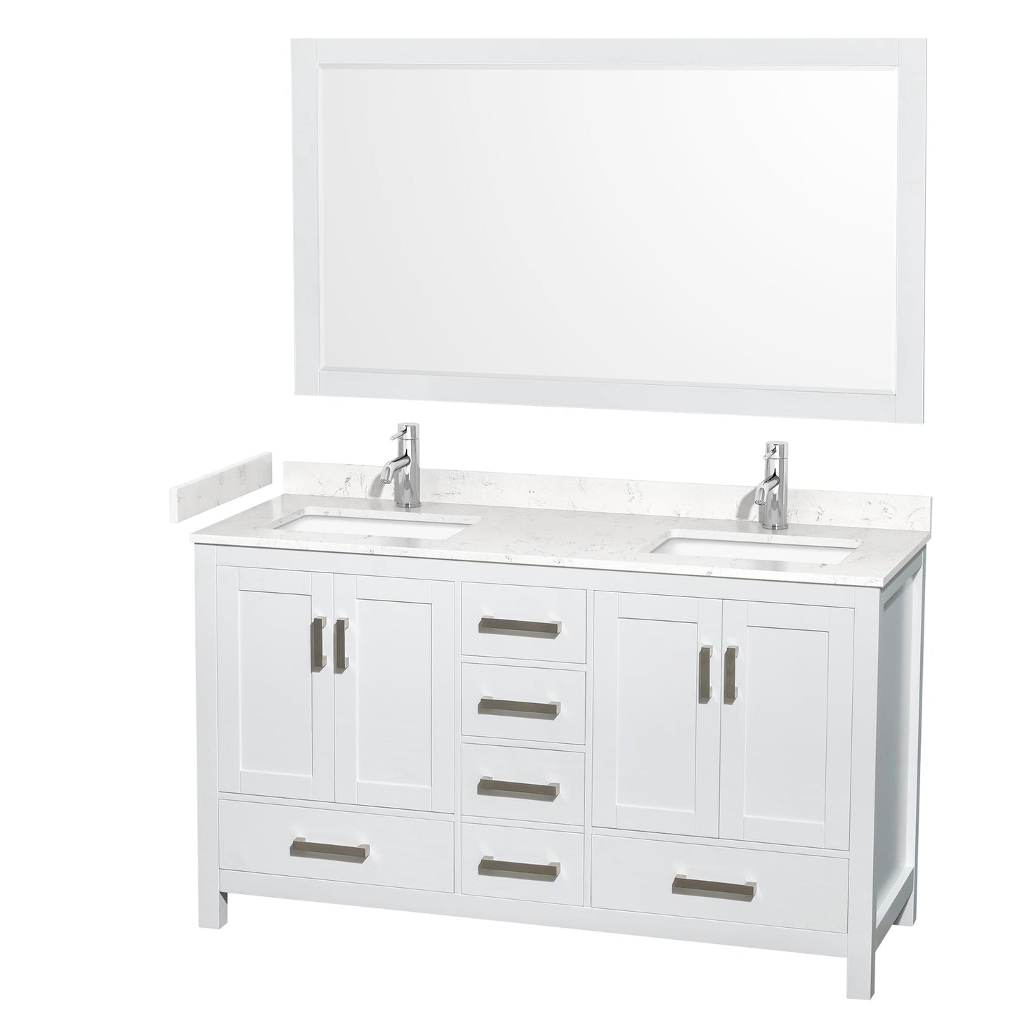 Wyndham Collection Sheffield 60" Double Bathroom Vanity in White, Carrara Cultured Marble Countertop, Undermount Square Sinks, 58" Mirror