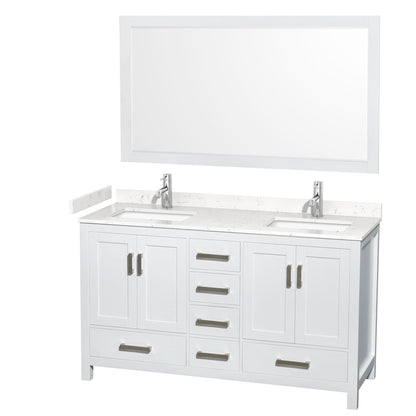 Wyndham Collection Sheffield 60" Double Bathroom Vanity in White, Carrara Cultured Marble Countertop, Undermount Square Sinks, 58" Mirror