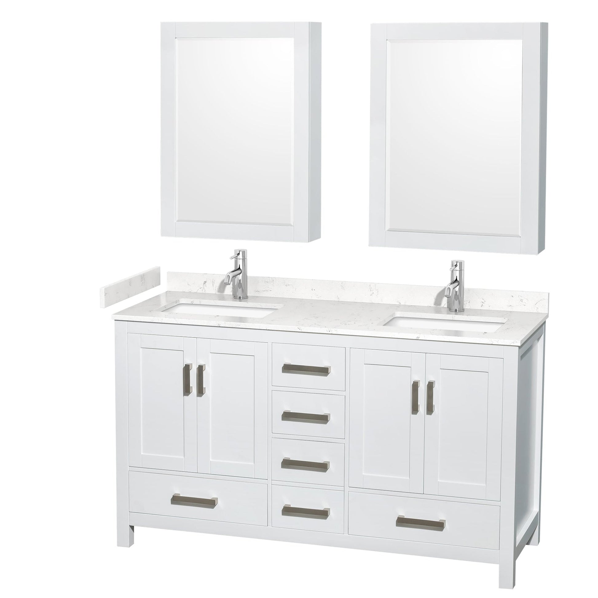 Wyndham Collection Sheffield 60" Double Bathroom Vanity in White, Carrara Cultured Marble Countertop, Undermount Square Sinks, Medicine Cabinet