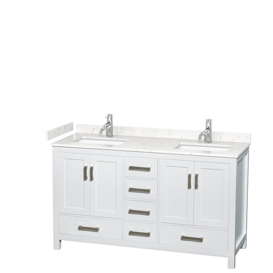 Wyndham Collection Sheffield 60" Double Bathroom Vanity in White, Carrara Cultured Marble Countertop, Undermount Square Sinks, No Mirror