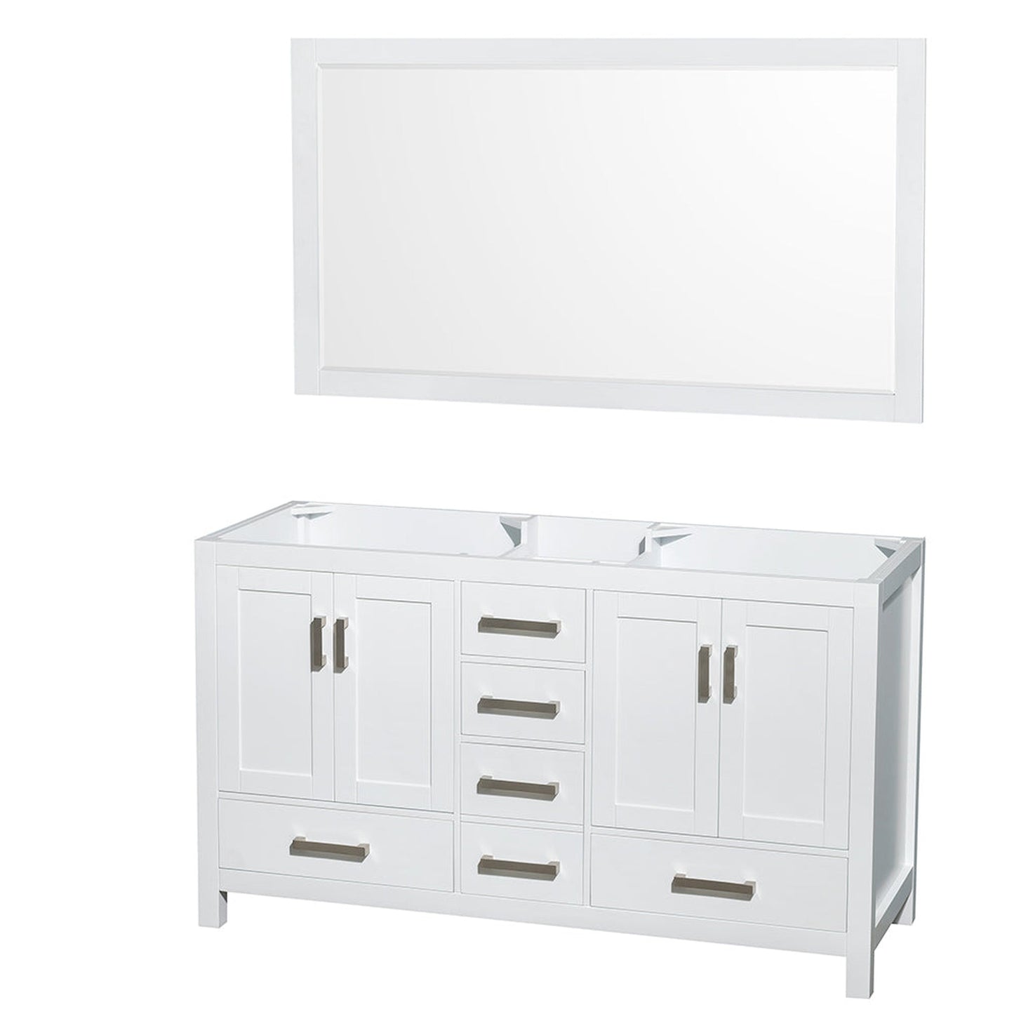Wyndham Collection Sheffield 60" Double Bathroom Vanity in White, No Countertop, No Sinks, and 58" Mirror